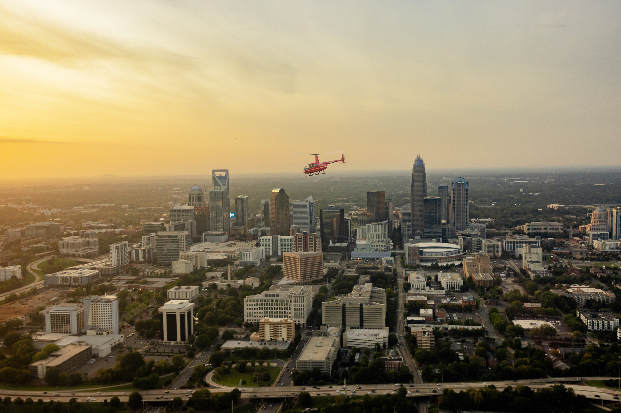 Aerial view of the Charlotte skyline during a helicopter tour
