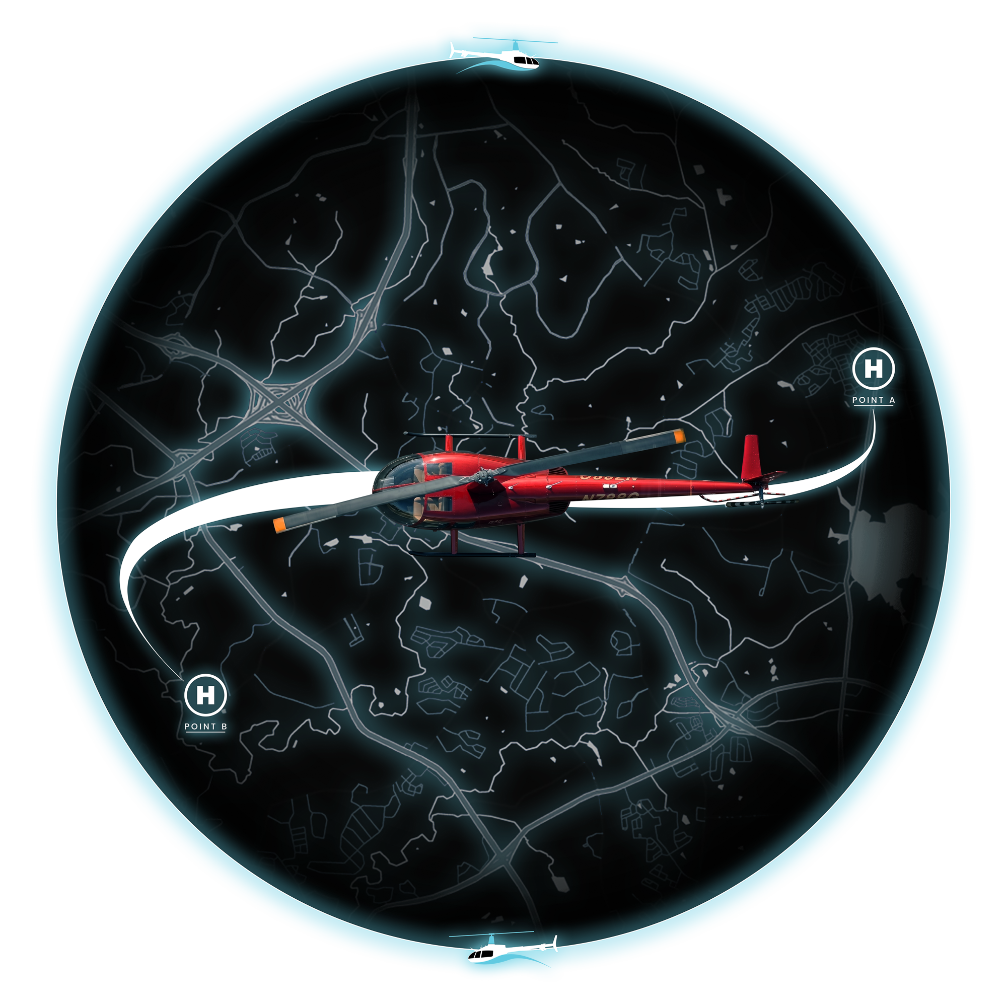 Point-to-point helicopter travel infographic showing flight path from Point A to Point B
